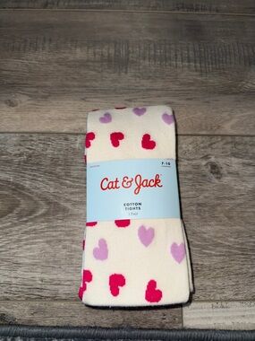 Cat & Jack Cream Tights with Pink and Red Heart Print